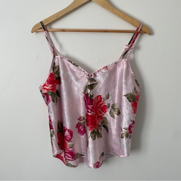California Dynasty Tops - Vintage California Dynasty 90s Satin Floral Pink Camisole Cami Top USA Made Sz L